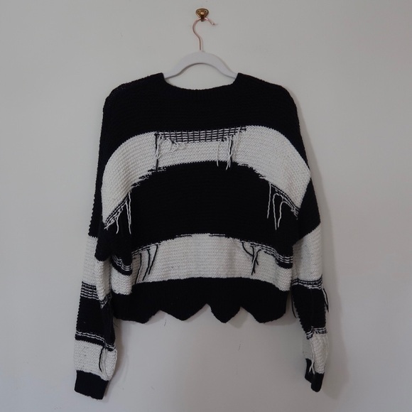 WILDFOX Kara Black White Striped Fringe Ripped Sweater - Picture 9 of 9